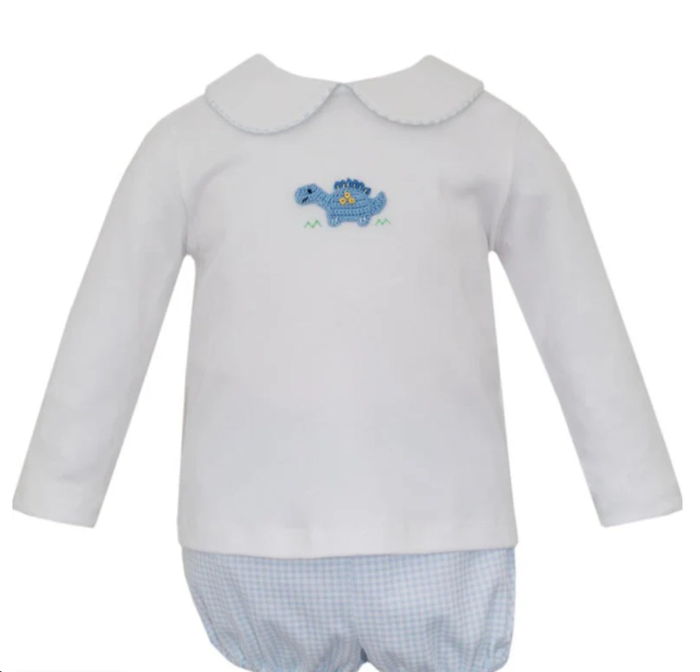 Dinosaur Embroidered Blue Gingham Diaper Set