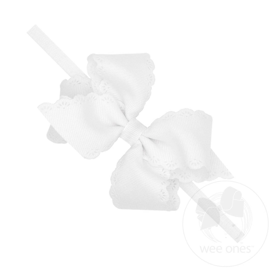 Small Grosgrain Hair Bow with Embossed Eyelet Edge on White Nylon Band