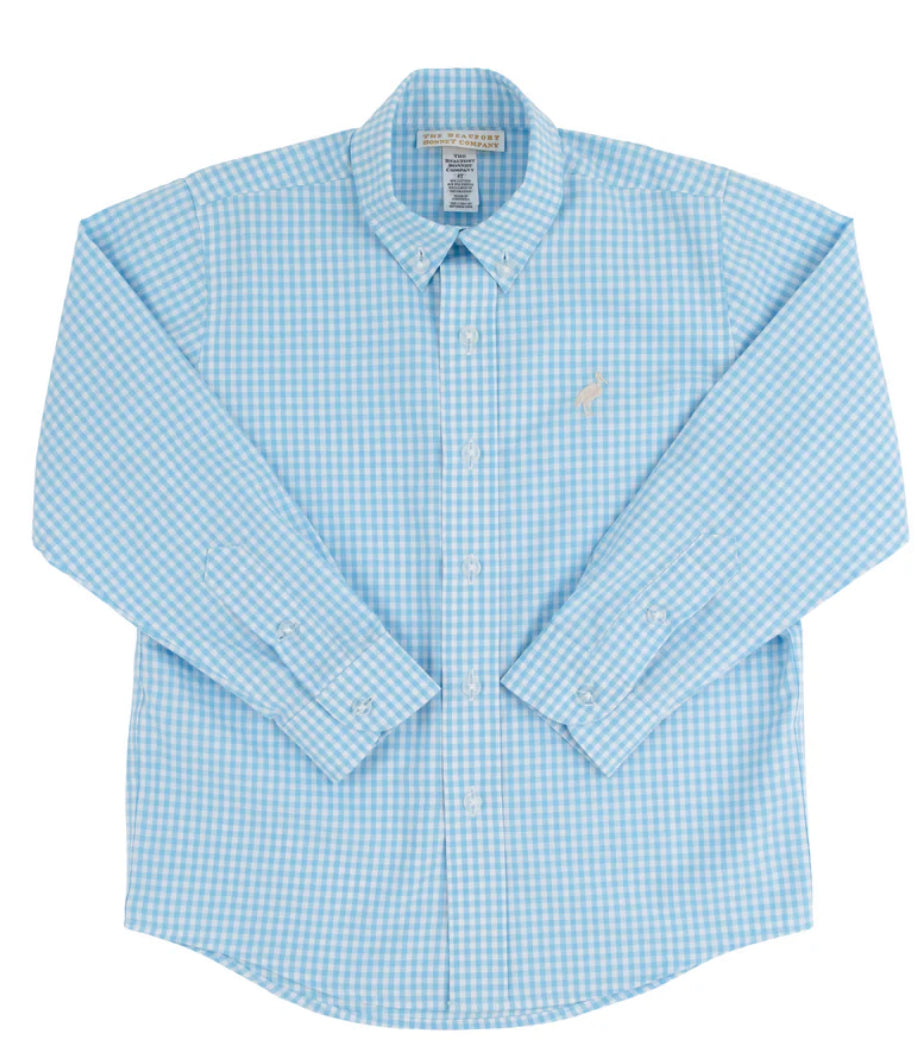 Dean's List Dress Shirt
Brookline Blue Mini Gingham with Keeneland Khaki Stork