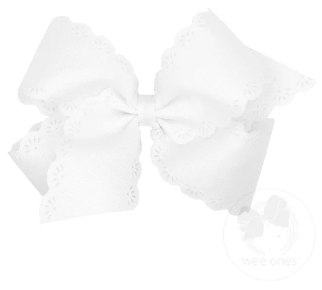 White Small King Grosgrain Bow with Eyelet Flower Embossed Edges