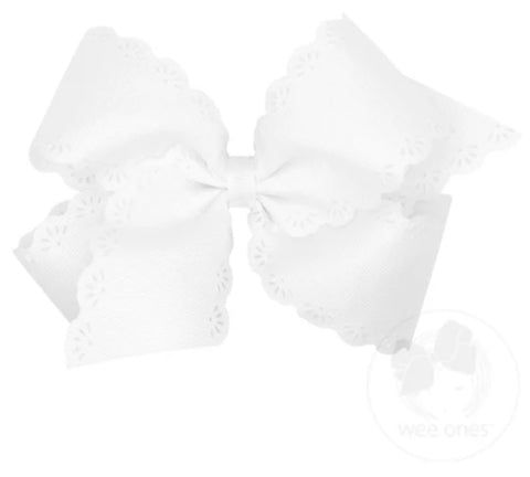 White Small King Grosgrain Bow with Eyelet Flower Embossed Edges