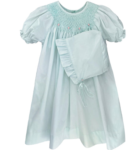 Mint Smocked Daygown with Bonnet