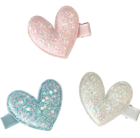 Puff Glitter Heart Clip Trio