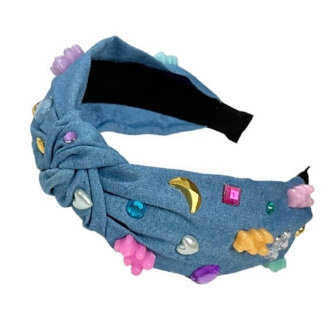 Denim Jeweled Gummy Bear Knot Headband