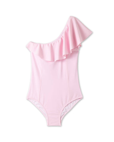 pink draped one shoulder bathing suit for girls