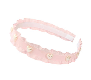 Pearl Heart Double Ruffle Ribbon Headband - Pink