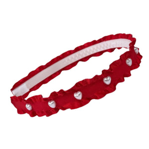 Pearl Heart Double Ruffle Ribbon Headband - Red