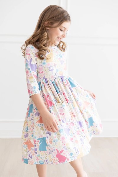 PASTEL FLORAL BUNNIES 3/4 SLEEVE POCKET TWIRL DRESS