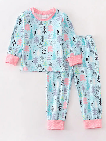 Blue christmas tree pajamas set